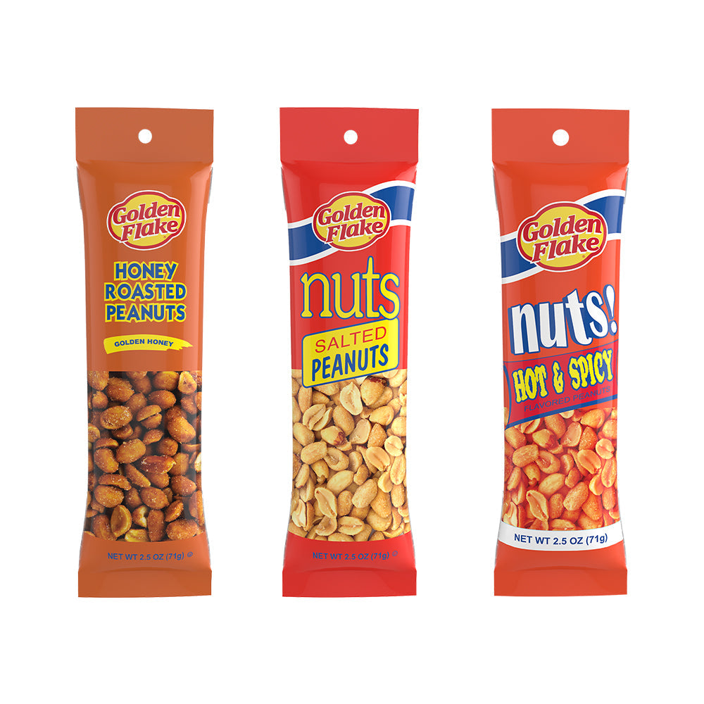 Golden Flake Nuts Variety Pack – Salted, Hot & Spicy, and Honey Roasted Peanuts (2.5oz Bags)